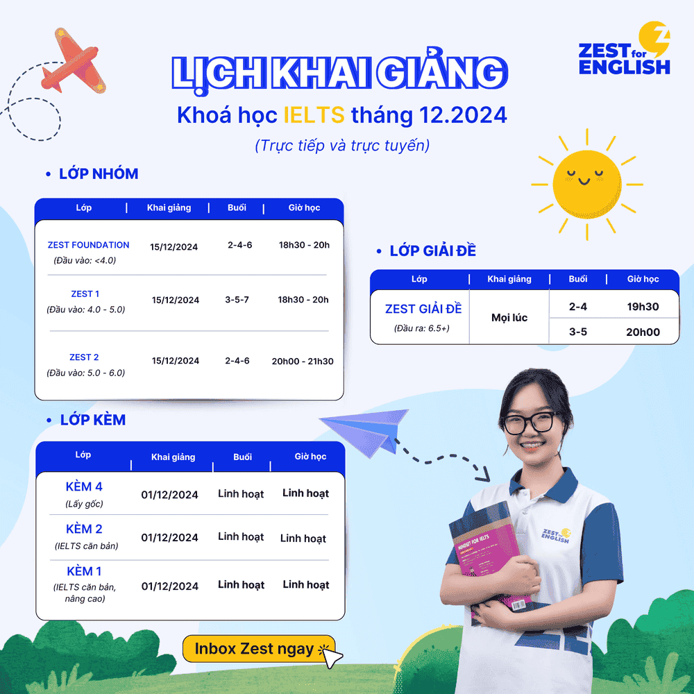 Lịch khai giảng tháng 12/2024 tại ZestforEnglish