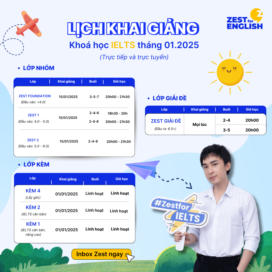 LỊCH KHAI GIẢNG KHÓA HỌC IELTS THÁNG 01.2025 TẠI ZEST FOR ENGLISH